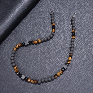 Natural 8mm tiger eye and lava stone beaded necklace with square magnetic spacers