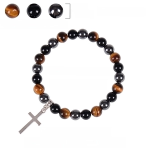 Tiger Eye Obsidian Hematite Stone Beaded Bracelet with Silver Cross Charm for Healing