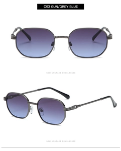 Detail of gun metal frame sunglasses with gradient blue lenses and rope texture temples