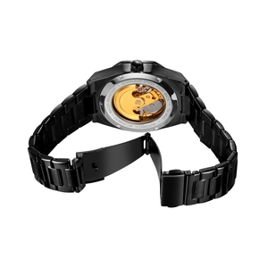Detail of automatic mechanical movement through the transparent back of this black watch