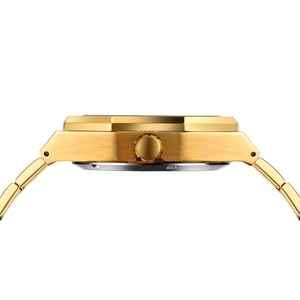 Side view of golden mechanical watch case and crown with polished metal texture