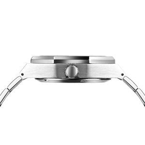 Macro side view of silver brushed metal watch case with crown and linked strap detail