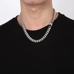 Classic silver titanium steel Cuban chain necklace on male model with lobster clasp