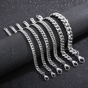 Stainless Steel Cuban Link Bracelet Simple Flat Curb Chain Jewelry For Men And Women Fashion Hip Hop Style Lobster Clasp