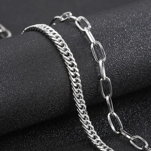 Double-layered silver titanium steel Cuban and paperclip chain necklace for a modern look