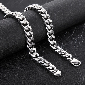 Polished silver 14mm titanium steel Cuban link chain for men with lobster clasp