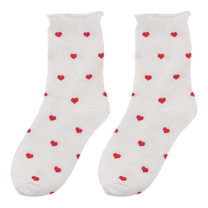 White crew socks with red heart patterns and wavy ruffled cuffs for a cute style