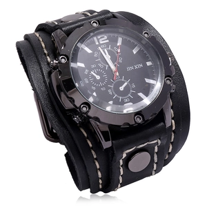 Montre manchette en cuir noir de style punk avec coutures blanches et détails de rivets