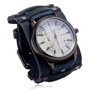 Retro punk style men's watch with wide blue multilayer leather strap and rivet details