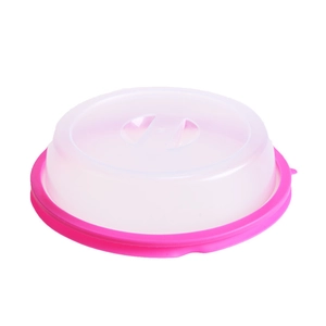 Stackable round translucent food cover with pink sealing ring for kitchen storage