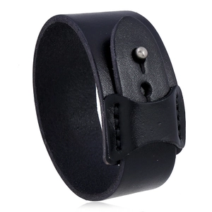 Men's vintage black wide leather bracelet with silver stud closure and textured finish