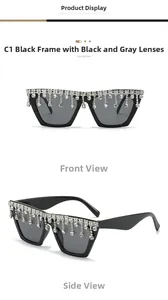 Détail de lunettes de soleil œil de chat de luxe avec strass en cascade sur monture noire