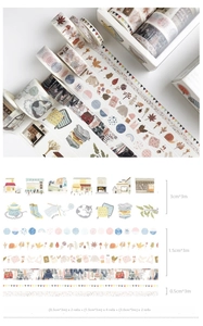 Detailed view of 8-roll washi tape set featuring soft pastel floral and cat illustrations