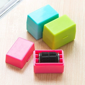 Portable privacy protection roller stamps in blue, green, and pink for identity security