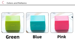Three-color portable privacy stamp cases in green blue and pink colors with snap closures