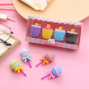 Cute dessert-shaped eraser set with ice cream and lollipop designs for kids