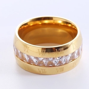 Gold wide stainless steel ring with Roman numerals and square cubic zirconia stones
