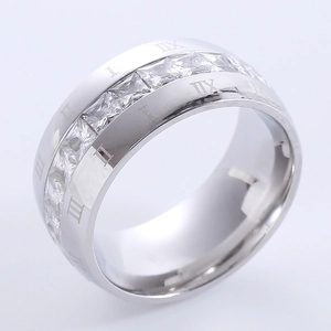 Silver stainless steel ring with Roman numerals and square-cut zircon stone inlay