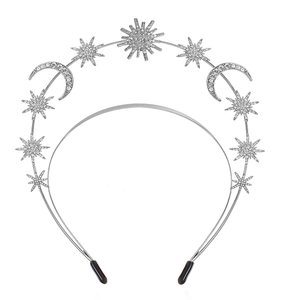 Detailed silver sun goddess headband featuring rhinestone inlaid stars and moon patterns