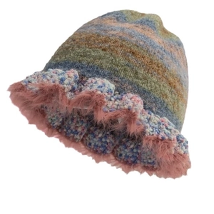 Retro colorful striped knit bucket hat with pink faux fur trim and ruffled edge