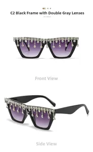 Détail de lunettes œil de chat avec franges strass et verres dégradés violets