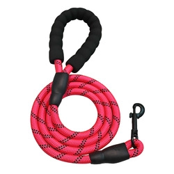 Detail of rose pink nylon dog leash with black foam padded handle and metal clasp