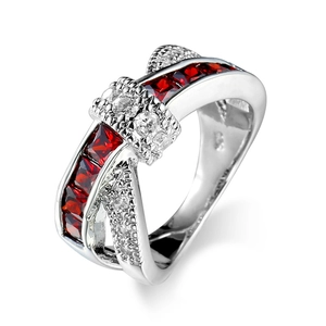 Crisscross 925 sterling silver ring with rectangular red zircon and clear micro diamonds