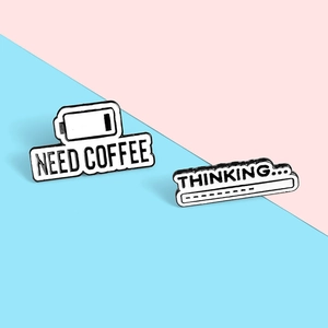 Creative enamel coffee pins featuring Need Coffee battery and Thinking progress bar designs