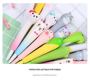 Detailed view of assorted cartoon slow-rebound squishy pens with cute animal shapes