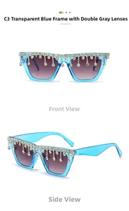 Vue détaillée de lunettes yeux de chat avec franges en strass sur une monture bleue