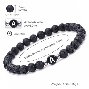 Black lava rock stone bracelet with 6mm beads and personalized letter A charm