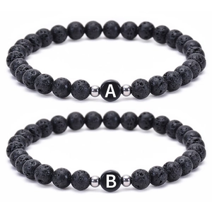 Natural Lava Stone Bead Bracelet With English Initial Letter Beads For Men Women Handmade Elastic Rope Jewelry Gift