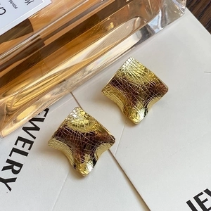 Golden irregular wavy square earrings with textured surface and 925 silver needle
