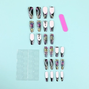 Ballerina press-on nails with colorful floral patterns and rhinestones set on light blue