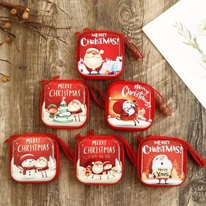 Detail of diverse Christmas themed hard shell mini coin purses with zipper and lanyard