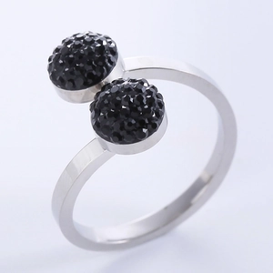 Minimalist silver open ring with two faceted black gemstones in a modern round design
