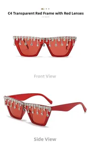 Détails de lunettes œil-de-chat rouges avec franges de luxueuses franges et accents de strass