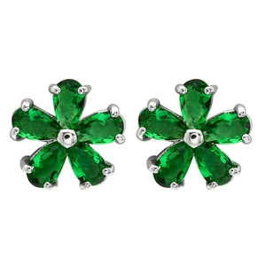 Elegant emerald green flower stud earrings with teardrop zircon petals in silver setting
