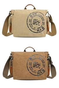 Vue détaillée des sacs en toile kaki et café avec écussons logo au style industriel vintage