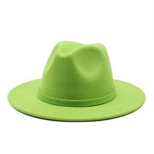 Classic bright green wool felt fedora hat with wide brim and matching decorative band