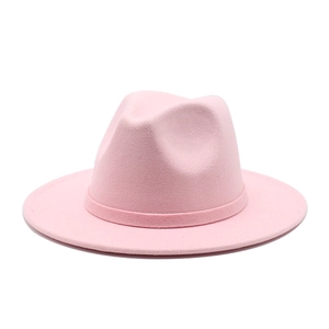 Classic pink wool felt jazz fedora hat with wide brim and matching ribbon for women and men