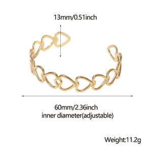 Detailed size specifications of the gold hollow heart stainless steel cuff bracelet