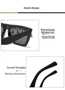 Détail des strass de luxe sur lunettes de soleil œil de chat noires à branches courbes