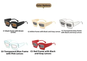 Detail view of five colors of rhinestone-studded irregular square sunglasses for women