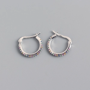 Detailed close-up of S925 sterling silver hoop earrings with vibrant colorful gemstones
