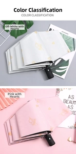 Vertical view of foldable automatic umbrellas in cream and pink with gold heart patterns