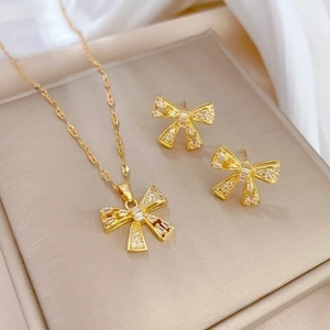 Bowknot Jewelry Necklace And Earrings Gold Plated With Zircon Copper Pendant Titanium Steel Chain And Silver Earring Post
