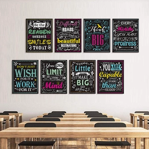 Detailed view of 8 motivational chalkboard posters set on a classroom wall with desks