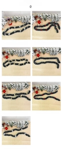 Detailed view of Christmas tinsel garlands with various ribbon bows in gold, silver, and red