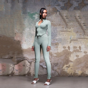 Women Two Piece Set Ribbed Zip Up Long Sleeve Crop Top And High Waist Slit Leggings Solid Color Slim Fit Casual